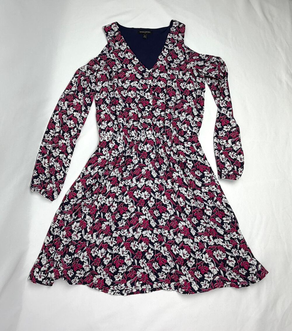 Banana Republic Dress Size 8 Navy Pink Floral Cold Shoulder V Neck Long Sleeve